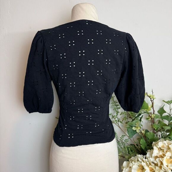 H&M top | black eyelet corset blouse puff sleeves | size small - Picture 7 of 11